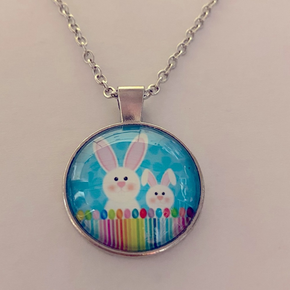 Easter Bunny Pendant Necklace Silver tone 19.5” chain